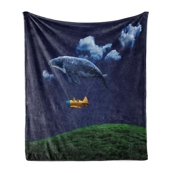 Whale Soft Flannel Fleece Throw Blanket, Surreal Art Hot Air Balloon Aeroplane in Sky Clouds Animal Fish Nautical, Cozy Plush for Indoor and Outdoor Use, 60" x 80", Navy Blue Fern Green, by Ambesonne