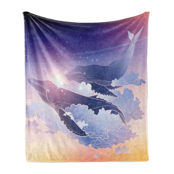 Whale Soft Flannel Fleece Throw Blanket, Whales Flying Dreamy Night Sky with Clouds Fantasy Aquatic Design, Cozy Plush for Indoor and Outdoor Use, 50" x 70", Peach Lilac Dark Blue, by Ambesonne