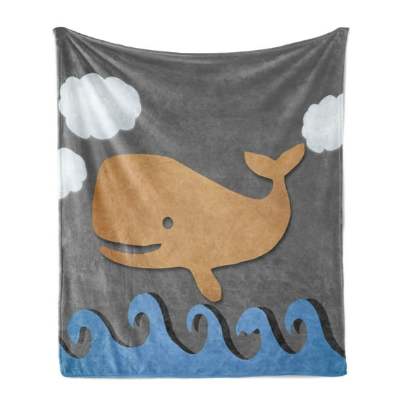 Whale Soft Flannel Fleece Throw Blanket, Wooden Like Design Whale on the Air Paper Based Mammal Image Print, Cozy Plush for Indoor and Outdoor Use, 70" x 90", Grey Blue and Brown, by Ambesonne