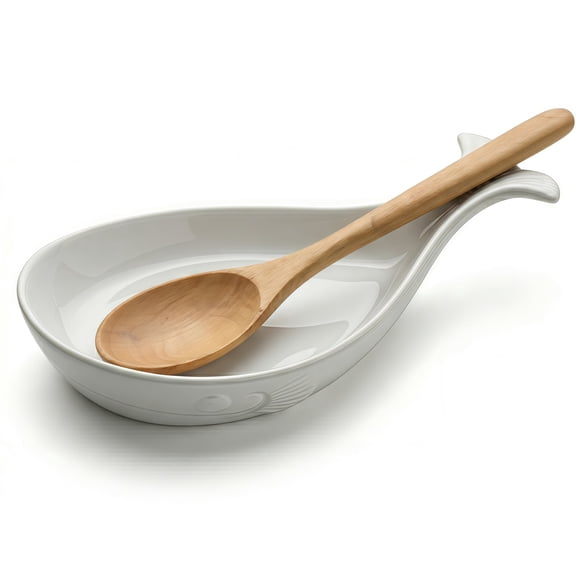 Whale Spoon Rest for Stove Top, Ceramic Spoon Holder for Kitchen Counter, Modern Farmhouse Kitchen Décor, 7.8 x 4.8 Inches (White)