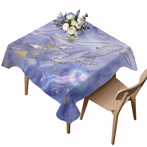 Whale Square Tablecloth Watercolor Blue Purple Whale Jellyfish Fish Gradient Purple Waterproof Wrinkle Free Soft Table Cloth Spill-Proof Washable Table Cover for Dining Party Picnic 60 x 60 Inch