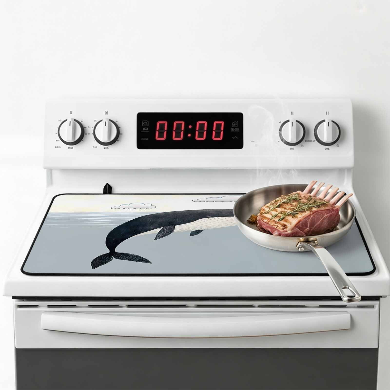 Whale Stove Top Cover for Electric Stove, Heat-proof & Non Slip Glass Top Stove Cover Protector, Ocean Coastal Fish Aqua Beach Orange Sky Kitchen Flat Cooktop Rubber Mat 24x21 Inches