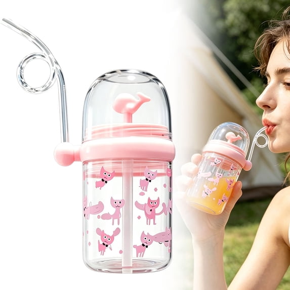 Whale Straw Water Cup - 260ml Portable Tumbler with Straw - Leakproof Reusable Drinking Bottle - Pink