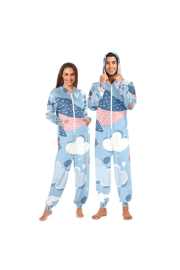 Whale Strawberry Clouds Adult Onesie Pajamas Slim Fit Christmas One Piece Suit Pjs for Women and Men Hooded Zipper