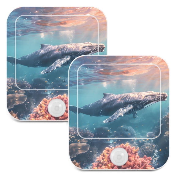 Whale Swims in The Sea 2 Pack LED Motion Sensor Night Light Plug into Wall Auto Dusk to Dawn Adjustable Brightness for Kids Bedroom Hallway Nursery Room