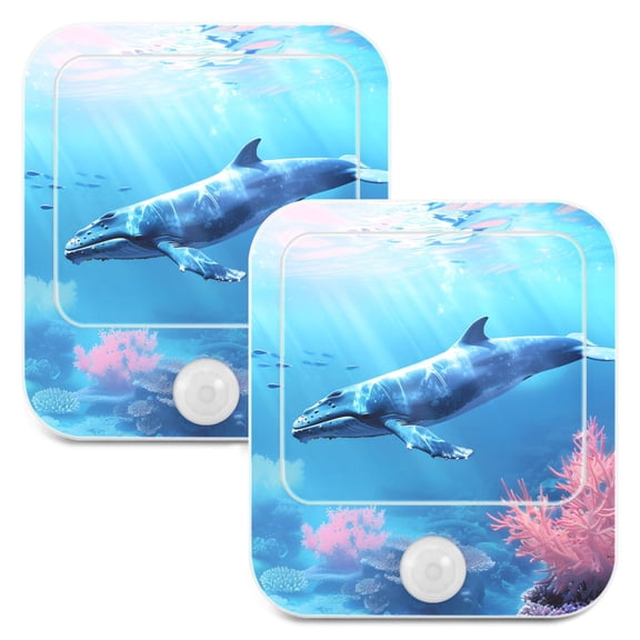 Whale Swims in The Sea 2 Pack LED Motion Sensor Night Light Plug into Wall Auto Dusk to Dawn Adjustable Brightness for Kids Bedroom Hallway Nursery Room