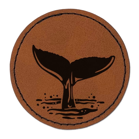 Whale Tail 2.5" Faux Leather Round Engraved Iron-On Patch - Brown