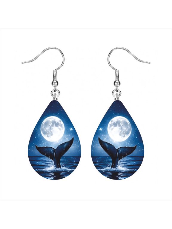 Whale Tail Moonlight Teardrop Dangle Earrings for Women, Ocean Night Sky Drop Earrings, Blue Sea Animal Lover Jewelry Gift