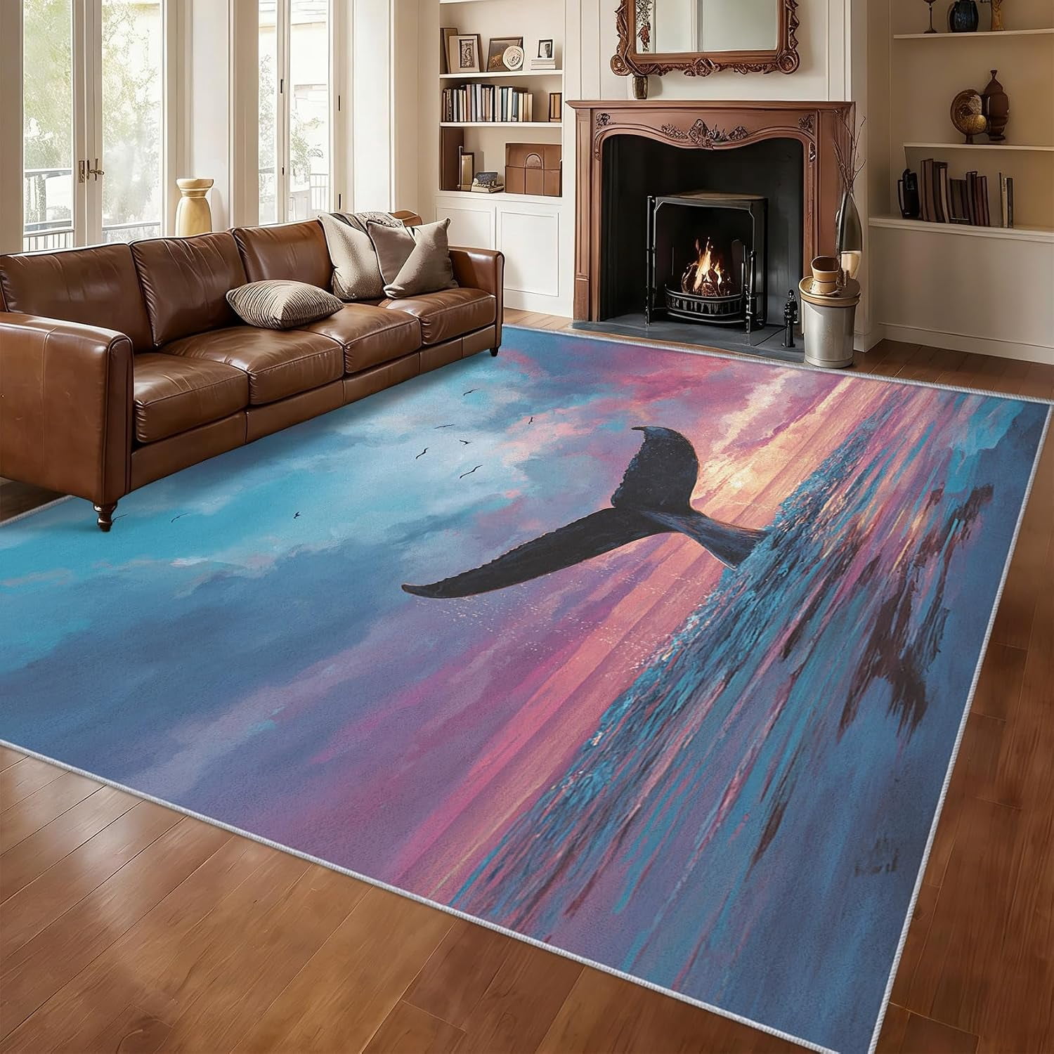 Blue Wavy Pattern Rug Whale Tail Ocean Area Rugs, Blue Marine Life Nautical Pattern Carpet ...