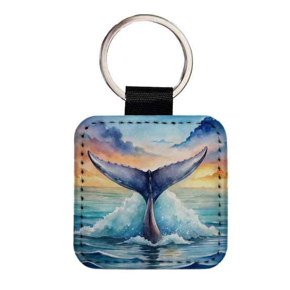 Whale Tail Ocean Watercolor Faux Leather Square Keychain