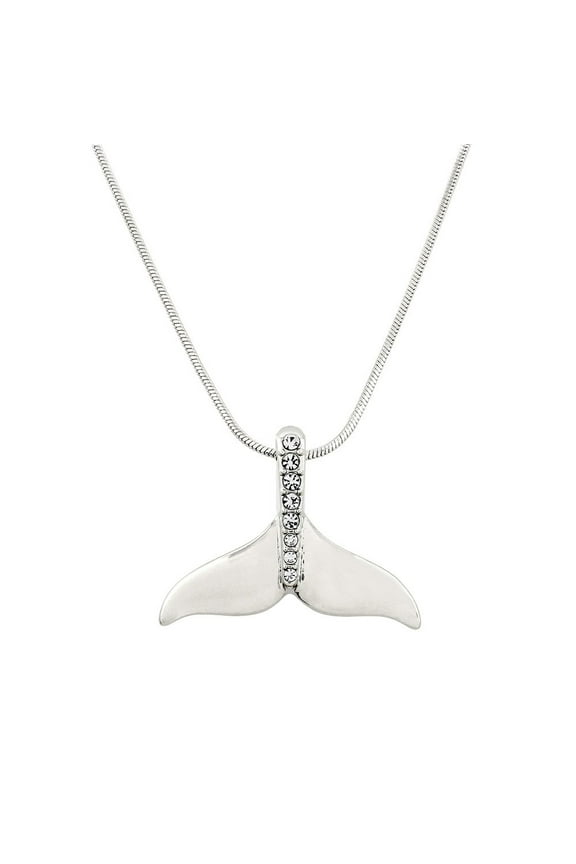 Whale Tail Pendant Necklace Clear Rhinestone Crystal Rhodium Plated 17 Inch Snake Chain J0099-CR