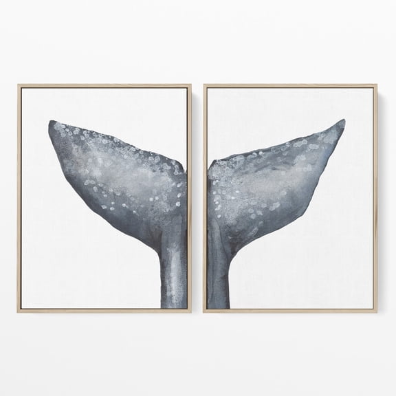 Whale Tail Print Modern Nautical Decor in Slate Blue Painting Diptych Whale Tail Painting No 2 Art Prints or Canvases Poster Set 2