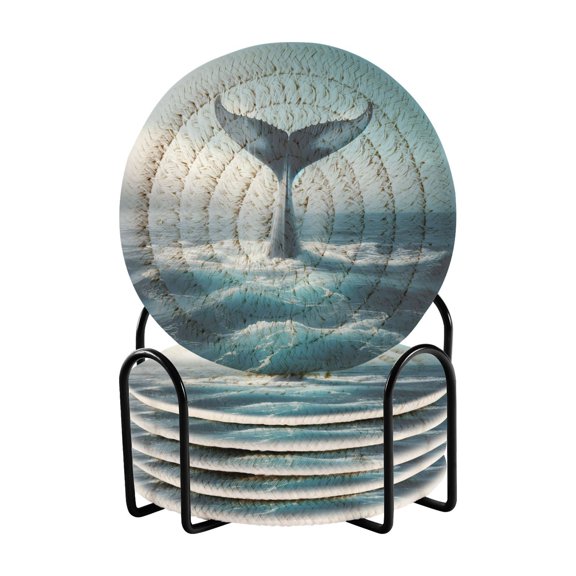 Whale Tail Sea 6 Pcs Drink Coasters with Holder Absorbent Coasters Woven Coasters for Drinks Table Desk Protection Home Decor