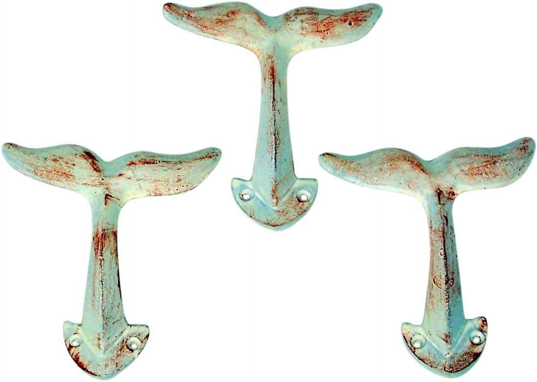 Whale Tail Wall Hooks Rustic White Cast Iron, Set of 3, 4 1/2 Inches
