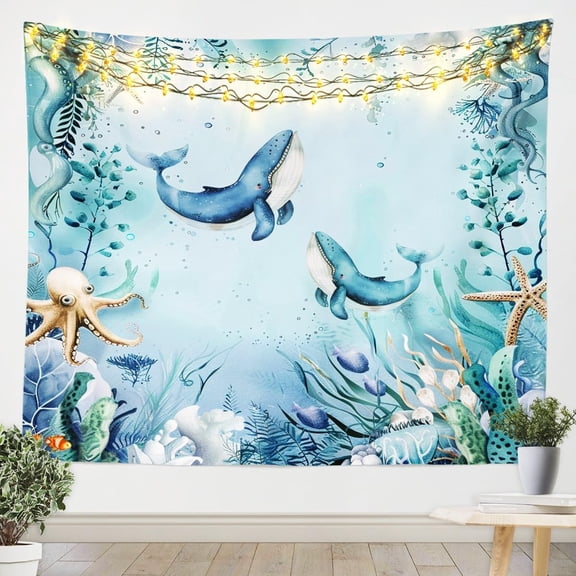 Whale Tapestry for Bedroom Teal Blue Ocean Beach Coastal Large 59x82 Wall Tapestry Aesthetic,Starfish Octopus Tentacles Tapestries Underwater Creature Coral Hanging Wall Art,Kawaii Fish Room Decor