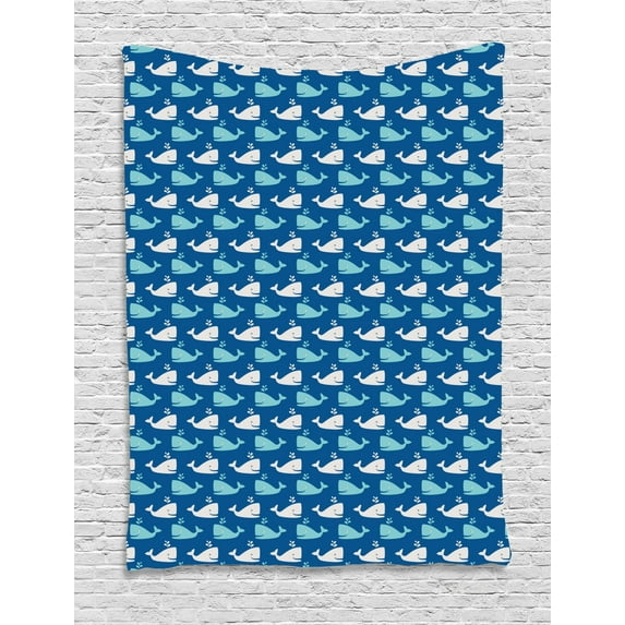 Whale Tapestry, Bicolor Whales in the Sea in Cartoon Drawing Style Underwater Wildlife, Wall Hanging for Bedroom Living Room Dorm Decor, 40W X 60L Inches, Navy Blue Aqua Beige, by Ambesonne