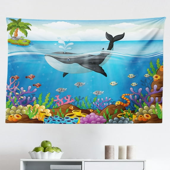 Whale Tapestry, Cartoon Whale Swimming Under Ocean with Fish Shells Near Palm Island Environment, Fabric Wall Hanging Decor for Bedroom Living Room Dorm, 2 Sizes, Multicolor, by Ambesonne