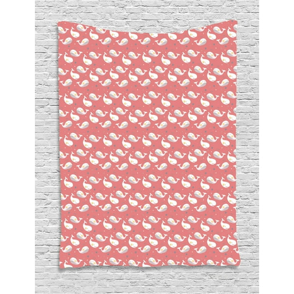 Whale Tapestry, Cute Baby Whales with Stars on Pink Backdrop Cheerful Sea Life Pattern for Kids, Wall Hanging for Bedroom Living Room Dorm Decor, 40W X 60L Inches, Coral White Teal, by Ambesonne