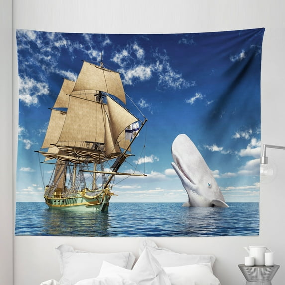 Whale Tapestry, Ocean Lover Pirate Flag Ship Sails Ornament with Big Mammal Fish Illustration, Fabric Wall Hanging Decor for Bedroom Living Room Dorm, 5 Sizes, White and Blue, by Ambesonne