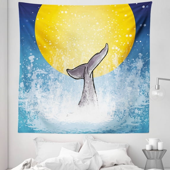 Whale Tapestry, Whales Tail in Ocean on Full Moon Diving in Water Swimmer Marine Animal Print, Fabric Wall Hanging Decor for Bedroom Living Room Dorm, 5 Sizes, Yellow Grey Blue, by Ambesonne