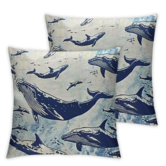 Whale Throw Pillow Cushion Case, Monochrome Marine Exotic Ocean Fishes Whales Swimming Wildlife Sea Illustration, Decorative Square Accent Pillow Cover, Indigo and White