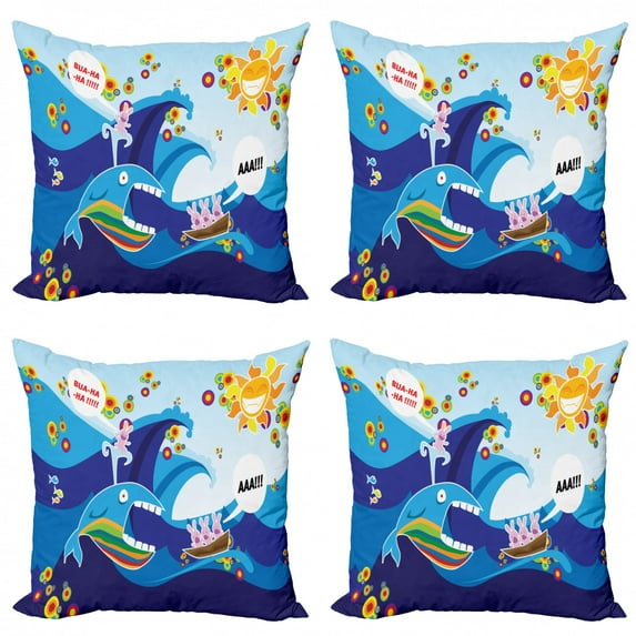 Ambesonne Cartoon Throw Pillow Cover 4 Pack, Whale Fish Rabbit Sun, 16", Multicolor
