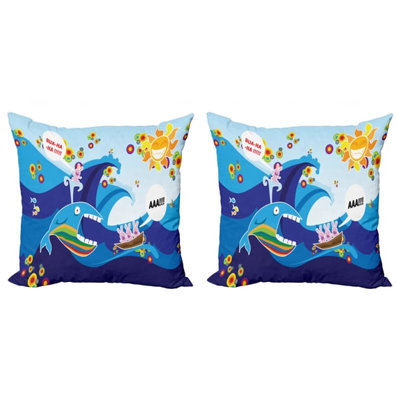 Ambesonne Cartoon Throw Pillow Cover 2 Pack, Whale Fish Rabbit Sun, 18", Multicolor