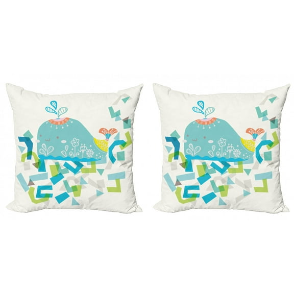 Ambesonne Geometric Throw Pillow Cover 2 Pack, Smile Whale Cartoon, 16", Blue Yellow and Green