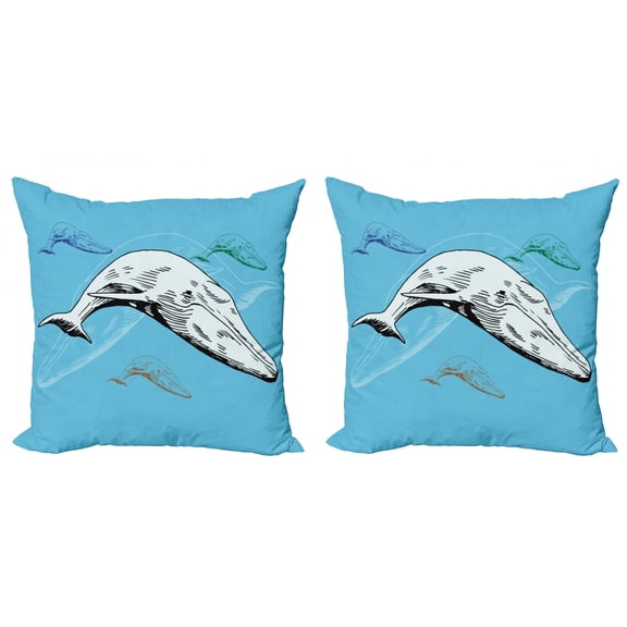 Ambesonne Animal Throw Pillow Cover 2 Pack, Ocean Whales Hand Drawn, 24", White and Blue