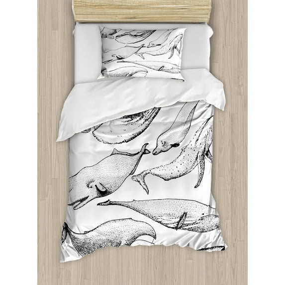 Whale Duvet Cover Set, Hand Drawn Black and White Whales from Single Type Small and Big Image, Decorative 2 Piece Bedding Set with 1 Pillow Shams, Twin Size, Black and White, by Ambesonne