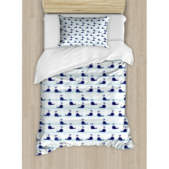 Whale Twin Size Duvet Cover Set, Horizontal Stylized Ocean Waves with Blue Fishes Cute Animals of Sea, Decorative 2 Piece Bedding Set with 1 Pillow Sham, Navy Blue Pale Blue White, by Ambesonne