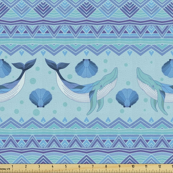 Ambesonne Whale Fabric by the Yard Upholstery, Oceanic Maritime, 3 Yards, Turquoise Lilac Blue