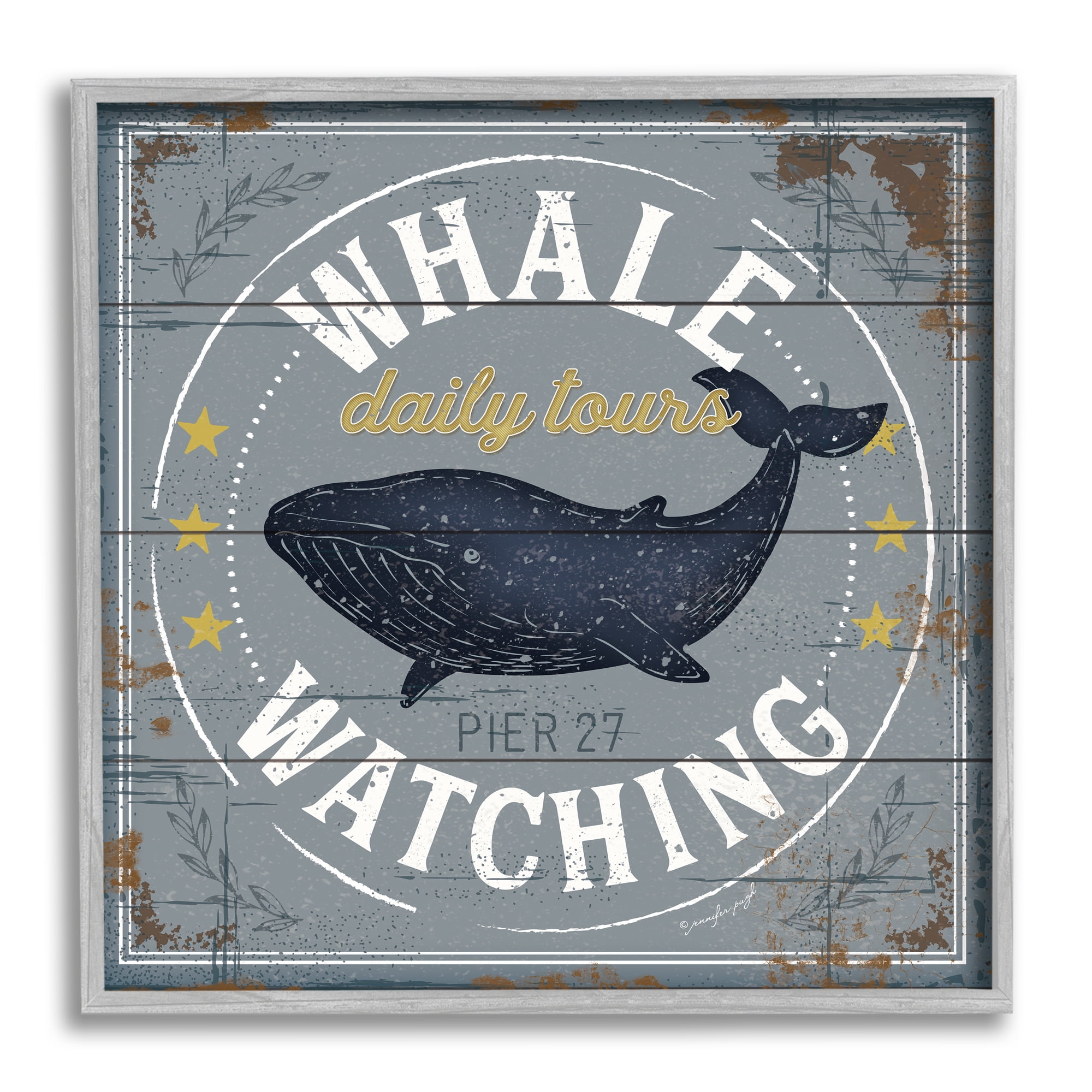 Whale Watching Tours Sign Rustic Blue Marine Life Animals & Insects Framed Art Print Wall Art, 17x17