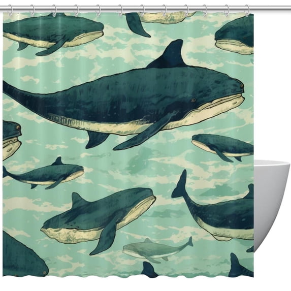 Whale Waterproof Bathroom Curtain Set with Hooks - Printed Shower Curtain for Bathroom Decoration