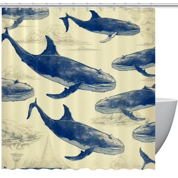 Whale Waterproof Shower Curtain Sets with Hook, Printed Design for Bathroom Decoration