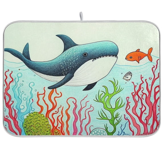 Whale Waterweed Fish Dish Drying Mat Dish Drainer Rack Mats Water Absorbent Non-Slip Easy Clean Heat Resistant for Kitchen Counter
