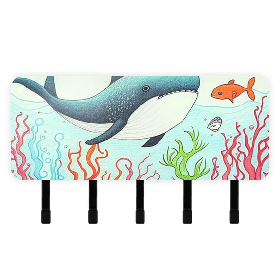 Whale Waterweed Fish Mail Holder Organizer Wall Mount with Shelf Key Holder Key Rack with 5 Key Hooks for Wall Decorative