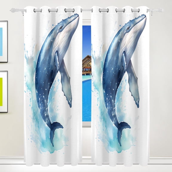 Whale Wave Black Out Curtains 84 Inch Length for Bedroom Living Room Windows 2 Panels Set