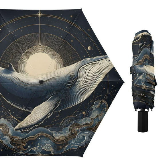 Whale Wave Moon All Weather Umbrella Triple Folding Parasol 6 Ribs UV Protection Portable