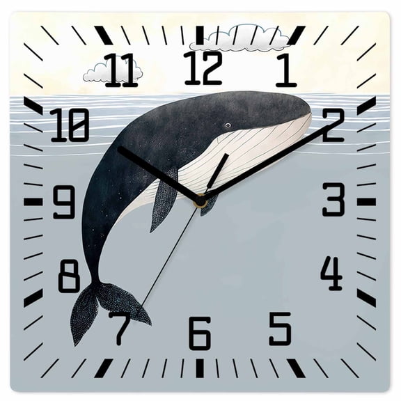 Whale Wooden Wall Clock Silent Non Ticking, Ocean Coastal Fish Aqua Beach Orange Sky Square Wall Clocks Battery Operated, Decor Clock for Home Office, Living Room, Kitchen, 12 Inch