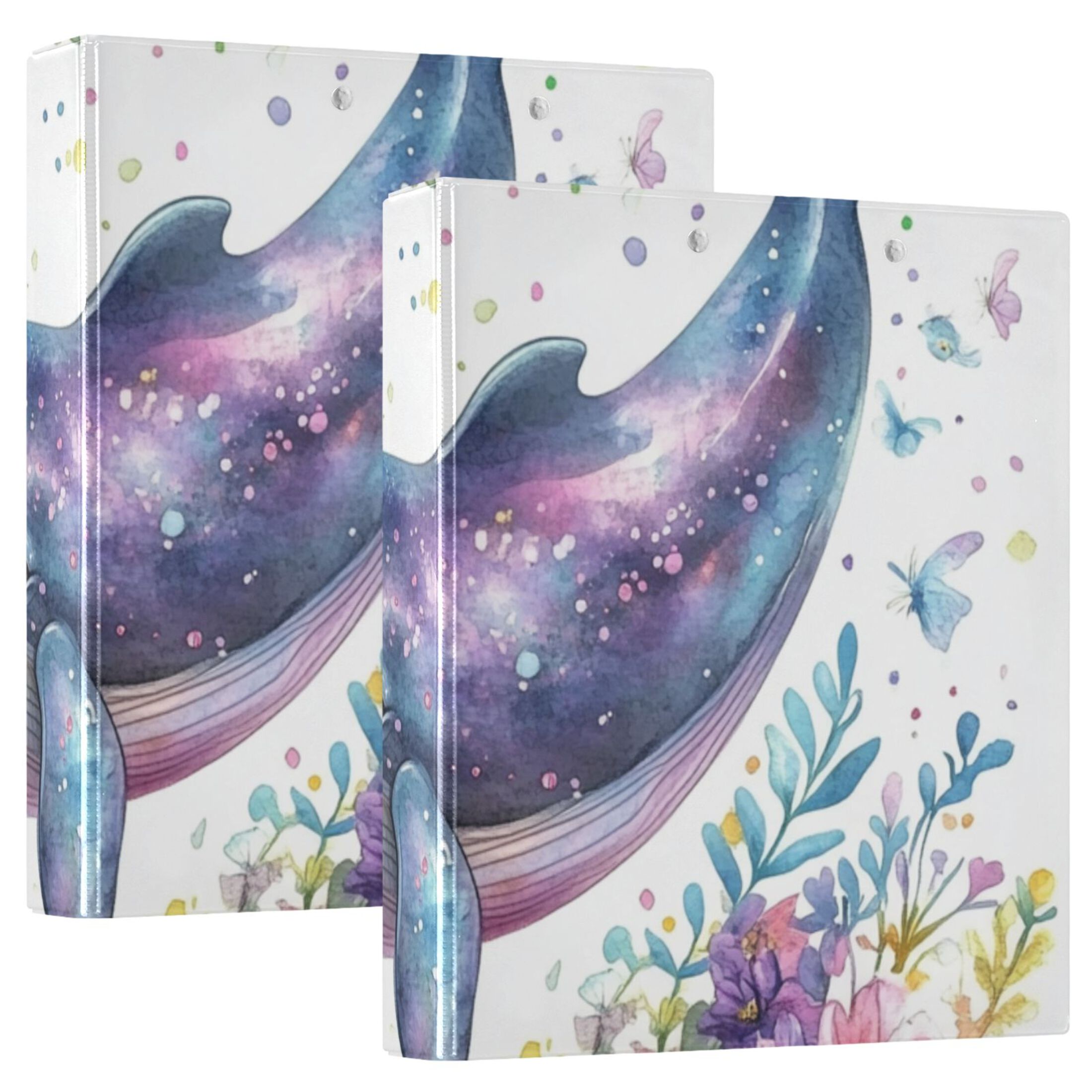 Whale and Flowers 3 Ring Binders 1.5 inch Hardcover File Folders with Interior Pockets A4 Size Organizer for School Office Hospital