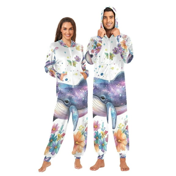 Whale and Flowers Adult Onesie Pajamas Slim Fit Christmas One Piece Suit Pjs for Women and Men Hooded Zipper