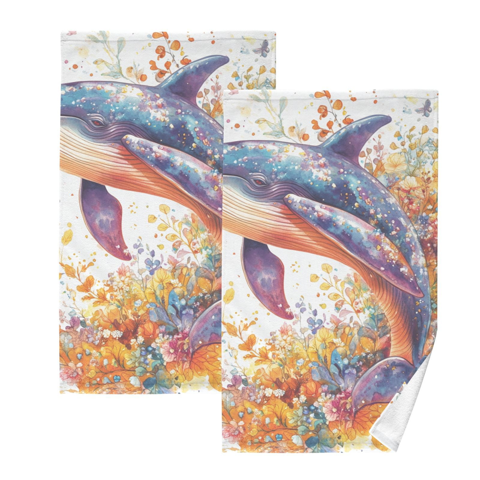 Whale and Flowers Leaves Hand Towels Cotton Bath Towels Large Face Towels Absorbent for Bathroom 2 Packs