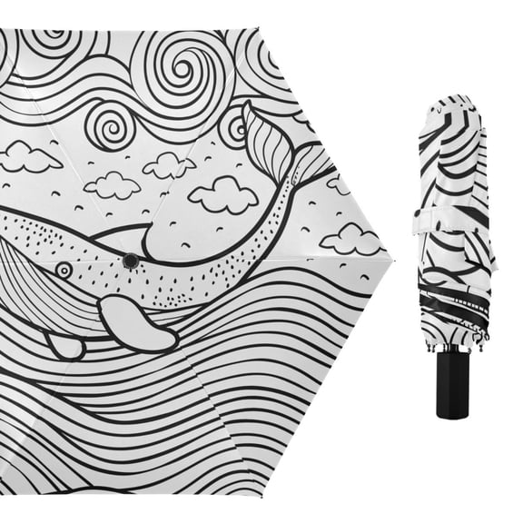 Whale and Ocean Waves Compact Sun Umbrella Windproof Travel Umbrellas for Rain Strong Portable UV Protection