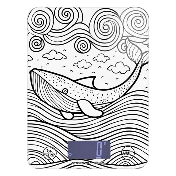 Whale and Ocean Waves Line Food Scale Digital Kitchen Scale Waterproof Tempered Glass Tare Function 11 lb for Baking Cooking Meal Prep