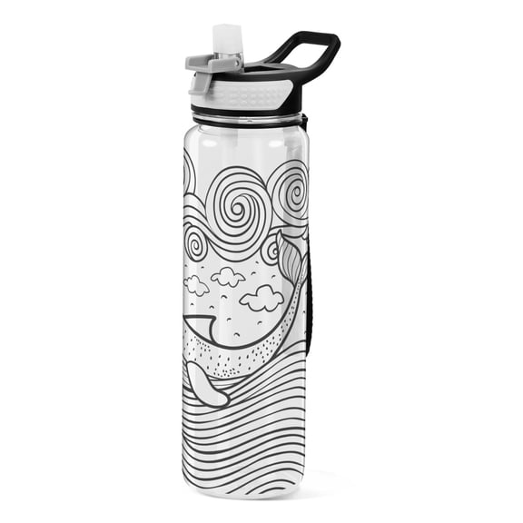 Whale and Ocean Waves Line Sports Water Bottle Portable Travel Mug 32oz BPA Free Leak Proof Straw Transparent Tritan for Gym Yoga Cycling Camping