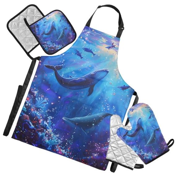 Whale in Sea 5 Pcs Kitchen Set Heat Resistant Oven Mitts and Non-Slip Pot Holders with Adjustable Cooking Apron