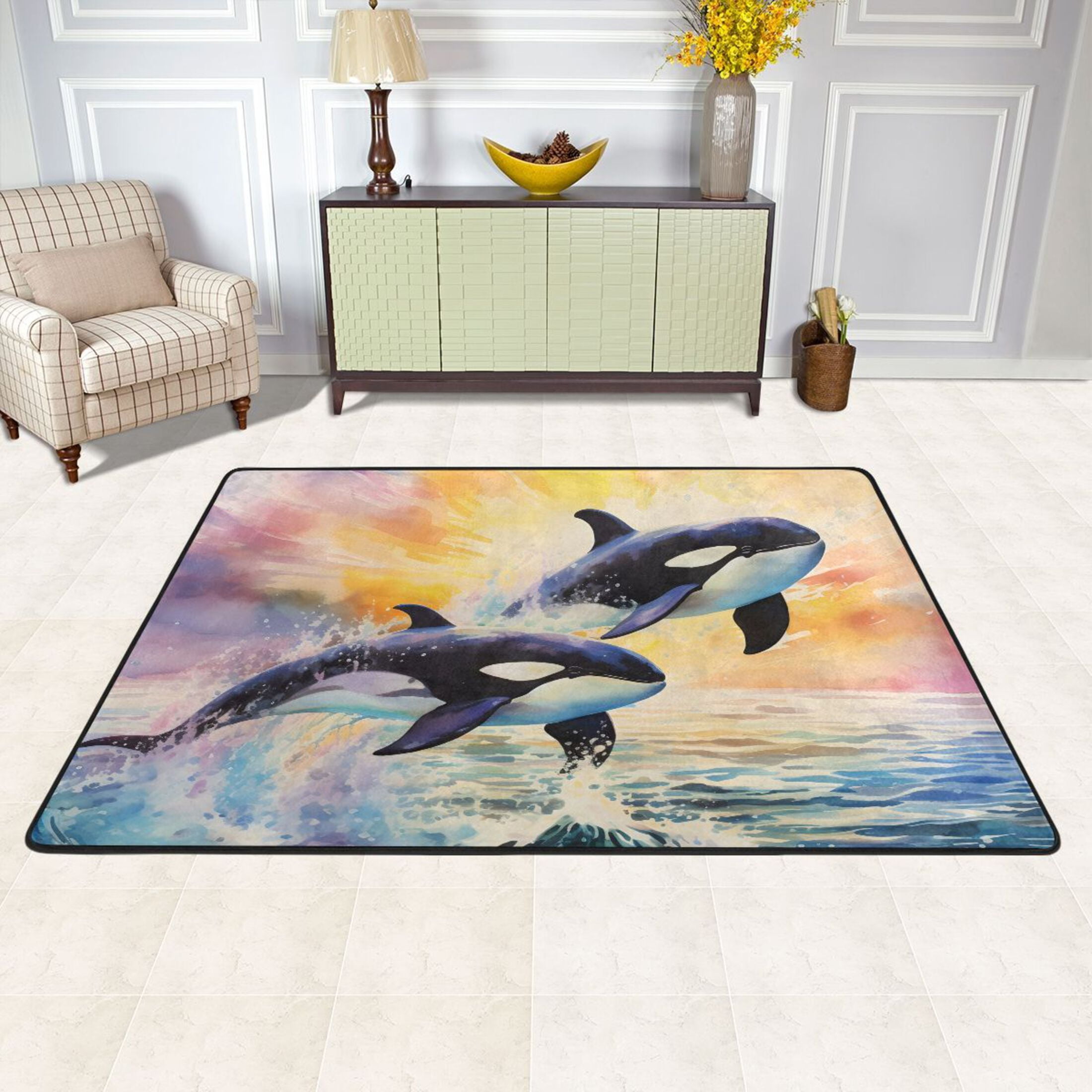 Whale on Water Area Floor Mats Soft Large Nursery Rugs Non-Slip Foam  Carpets Living Room Doormat for Bedroom Dinning Decor 72