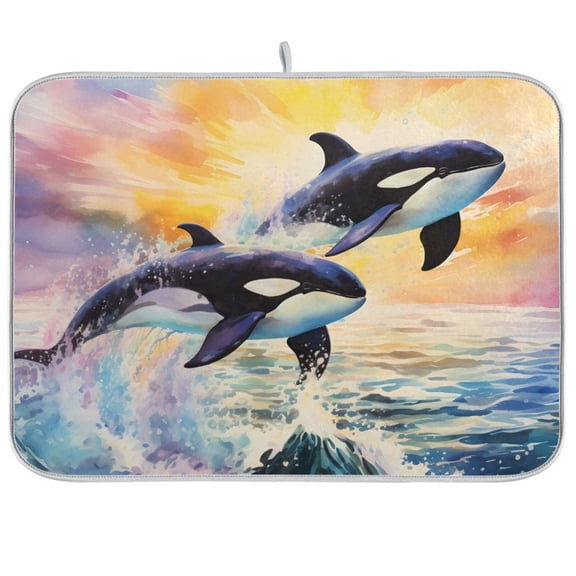 Whale on Water Dish Drying Mat Microfiber Kitchen Pad Large Counter Absorbent Dish Mats Drainer Rack 18"x24"