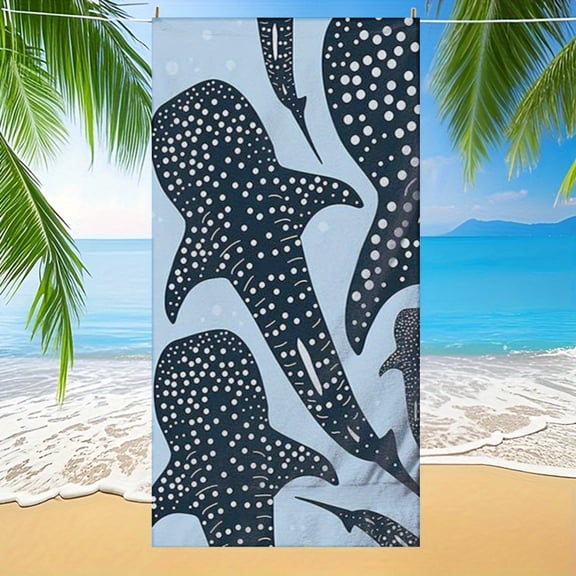 Whale shark pattern beach towel with blue-black white dot print, suitable for poolside and beach use